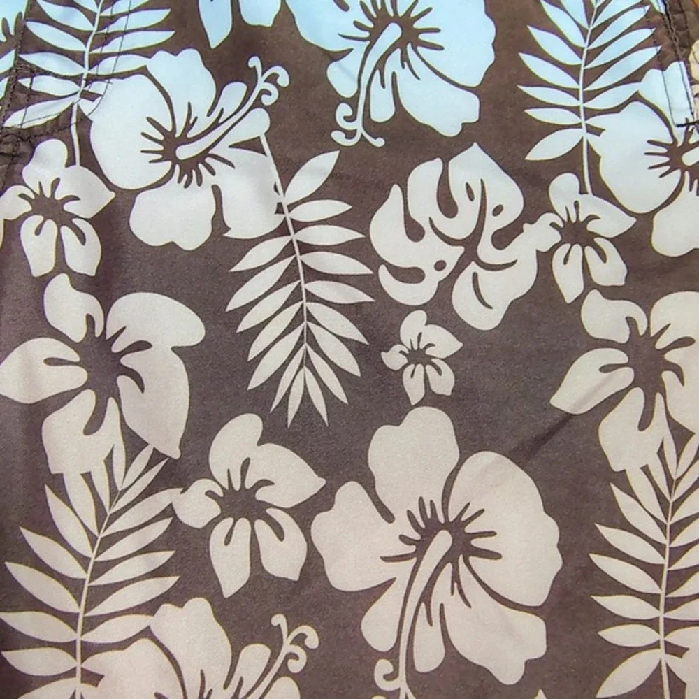 Joe Boxer Men's Hawaiian Floral Swim Trunks Shorts L G Brown Blue pool‎ beach